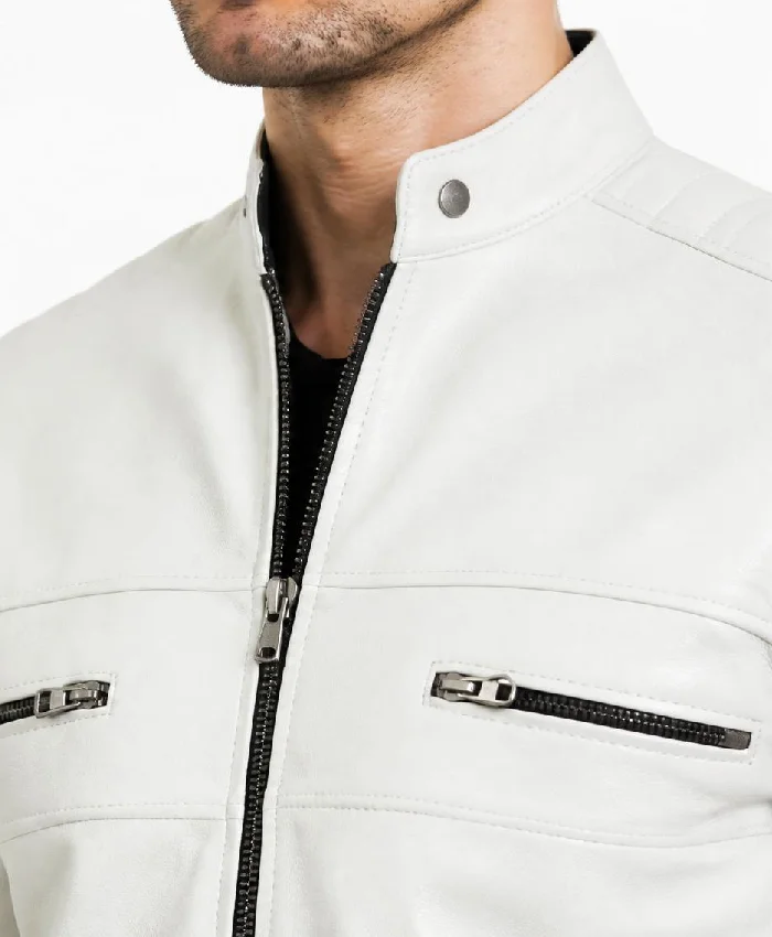 OFF-White Cafe Racer Leather Jacket For Men