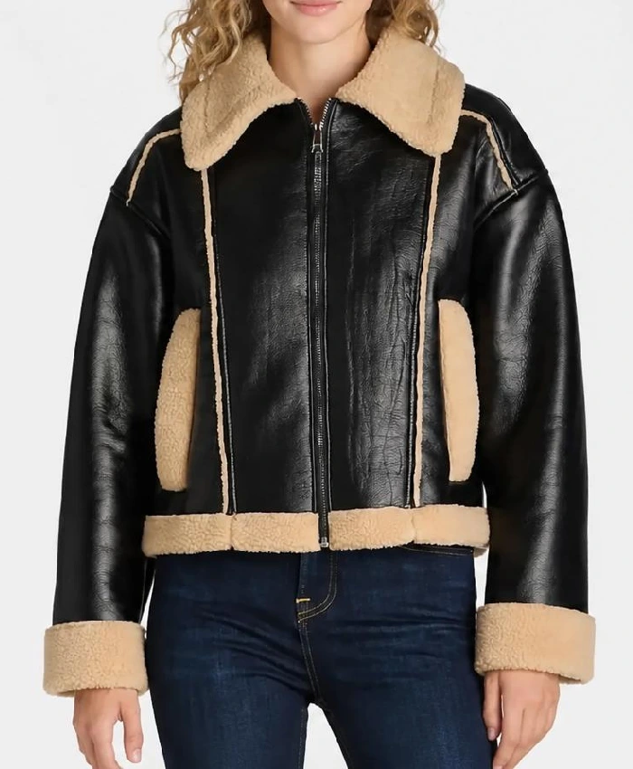 Plus Bonded Black Shearling Leather Jacket For Womens