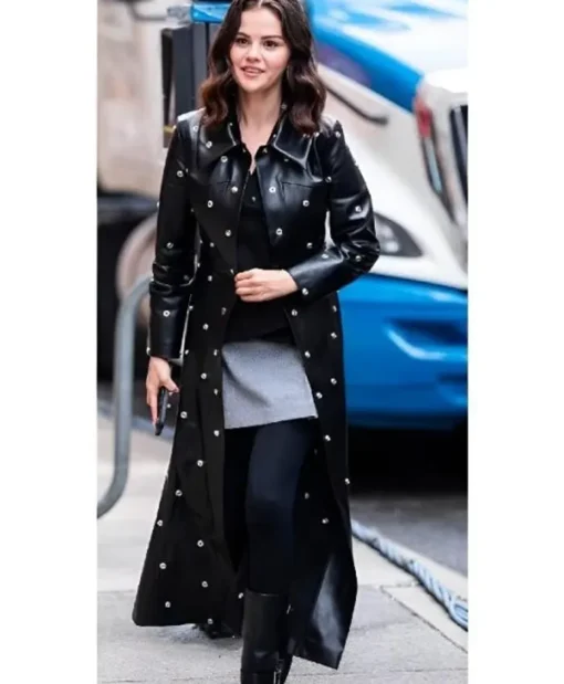 Selena Gomez NY 2025 Leather Black Coat