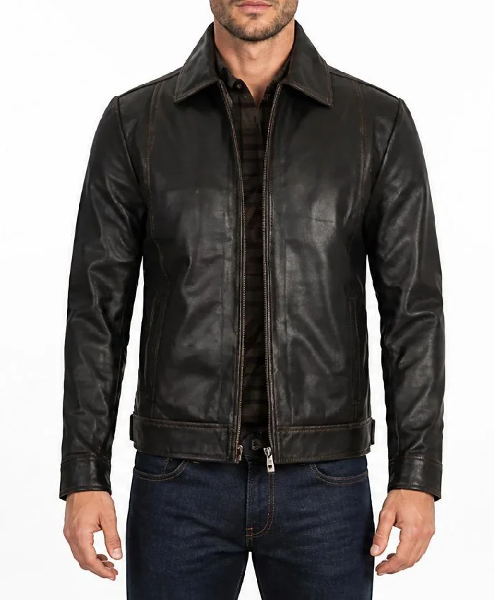 Simple Cafe Racer Leather Dark Brown Jacket