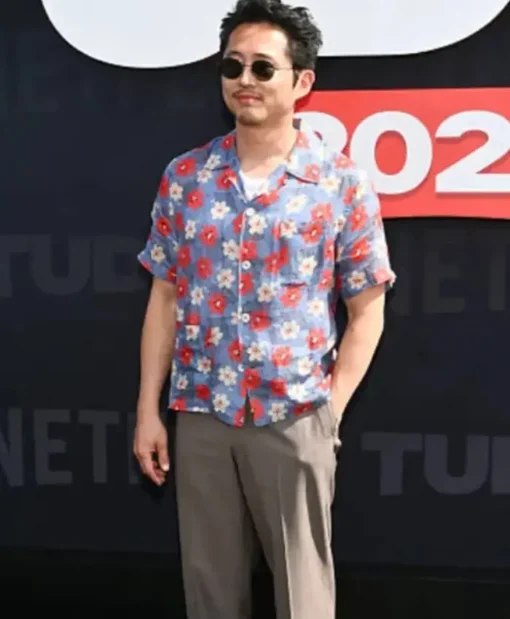 Steven Yeun Netflix Tudum 2025 Floral Blue Shirt