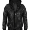 Stylish Black Hooded Bomber Leather Jacket