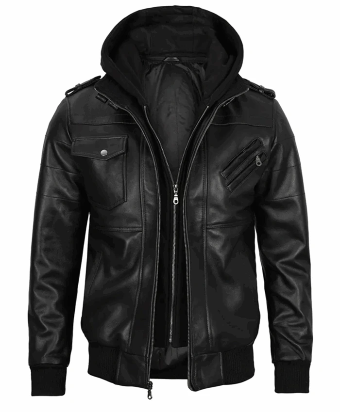 Stylish Black Hooded Bomber Leather Jacket