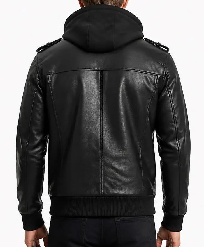 Stylish Hooded Black Bomber Leather Jacket