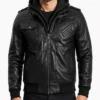 Stylish Hooded Bomber Leather Black Jacket