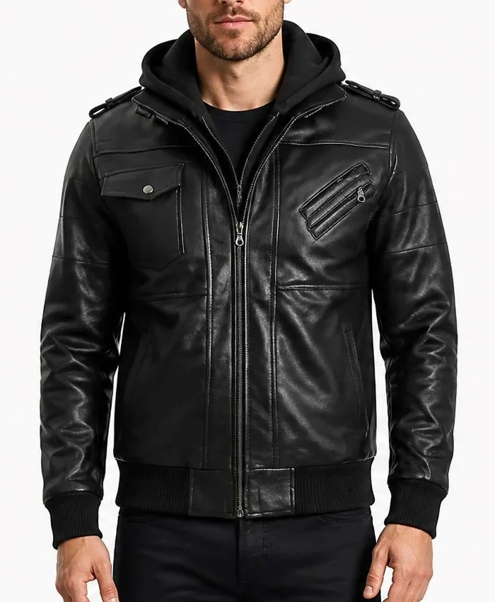 Stylish Hooded Bomber Leather Black Jacket