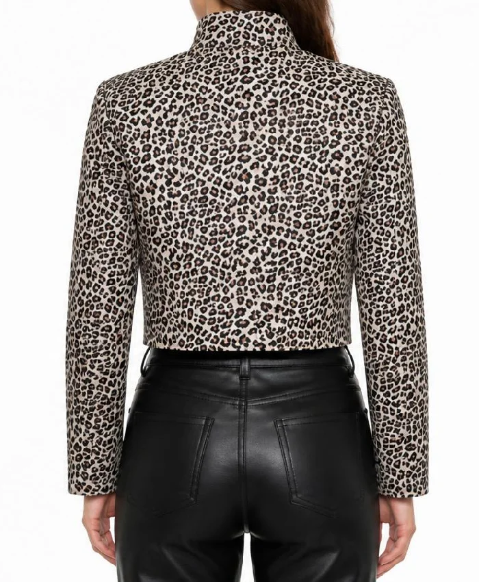 White Leopard Print Cropped Leather Jacket For Women