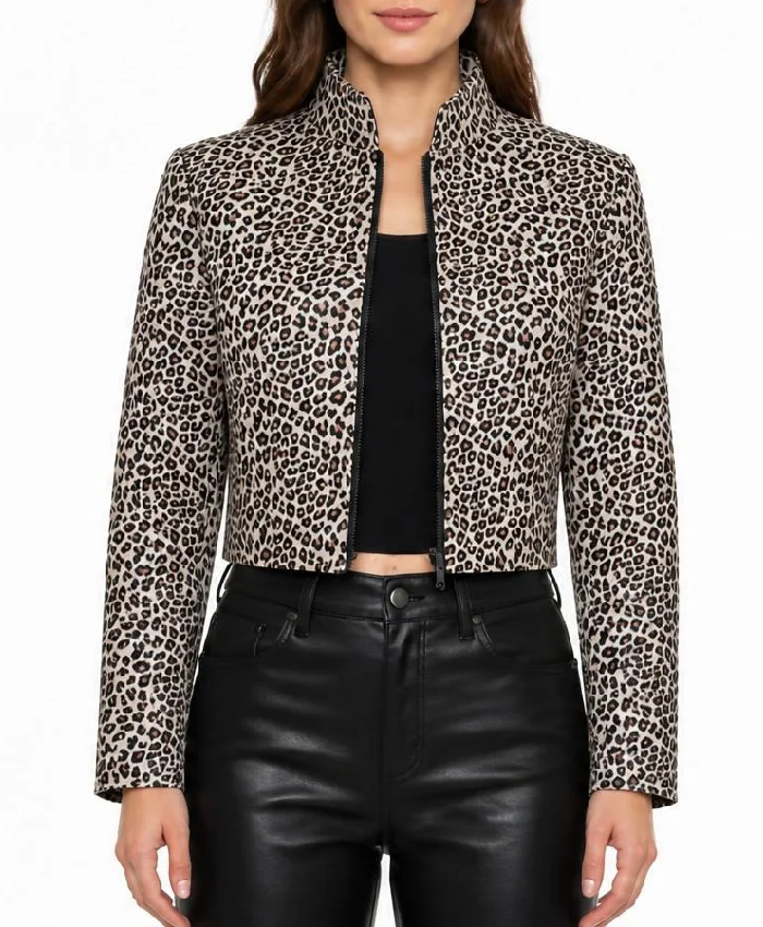 White Leopard Print Cropped Leather Jacket For Womens