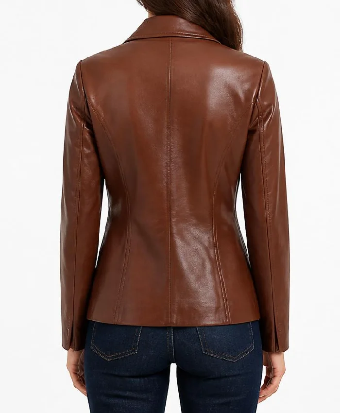 Women Lapel Notch Brown Leather Coat For Ladies
