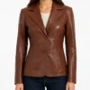 Women Lapel Notch Brown Leather Coat Ladies