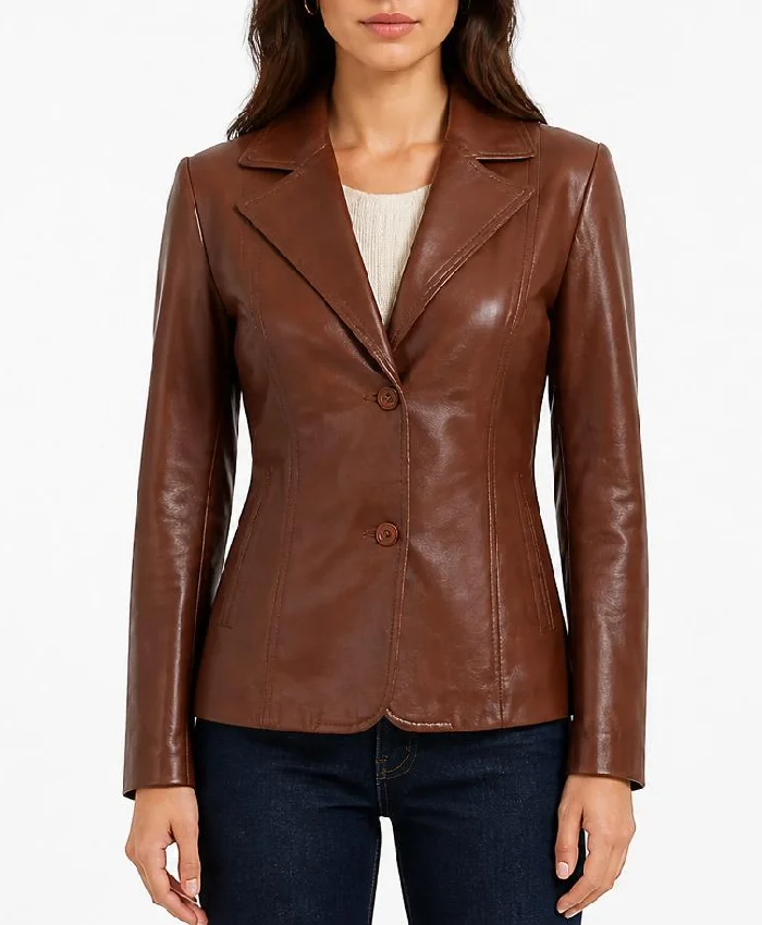 Women Lapel Notch Brown Leather Coat Ladies