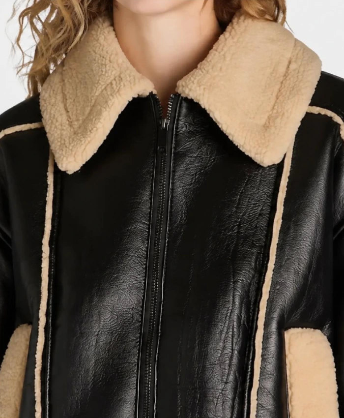 Women Plus Bonded Black Shearling Leather Jacket