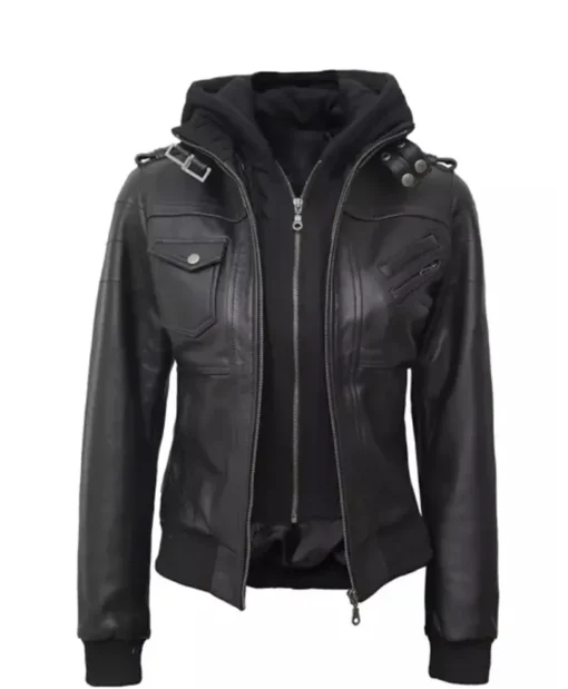 Women’s Black Leather With Removable Hood Jacket