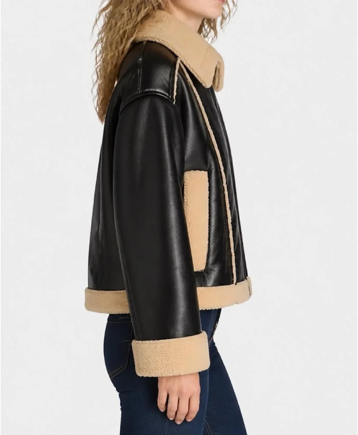Womens Black Shearling Leather Plus Bonded Jacket