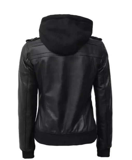 Women’s Black With Removable Hood Leather Jacket