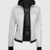 Womens Hood Removable White Leather Jacket