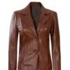 Women’s Lapel Notch Brown Leather Coat