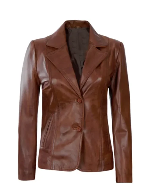 Women’s Lapel Notch Brown Leather Coat