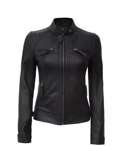 Women's Quilted Cafe Racer Black Leather Jacket