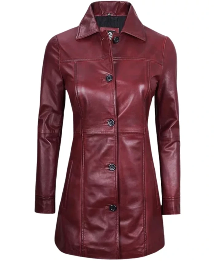 Womens Real Sheepskin Maroon Leather Coat