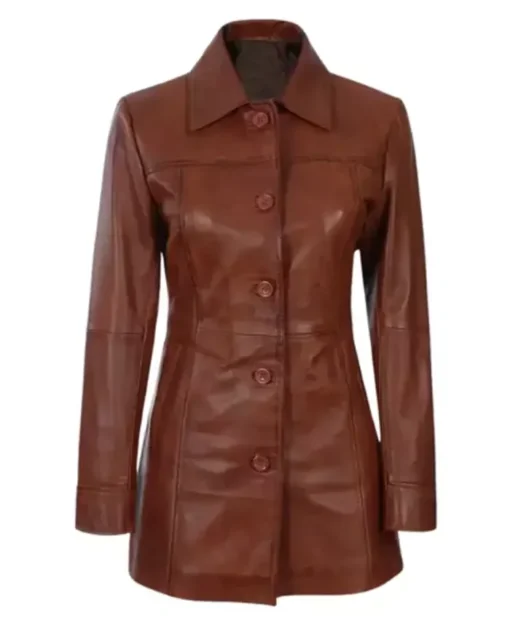 Women’s Shirt Collar Tall Brown Leather Coat
