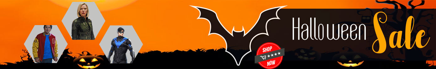 Spooky Halloween sale banner featuring leather jackets with a discount offer and orange and black festive theme.