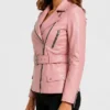 Asymmetrical Belted Pink Leather Jacket For Women