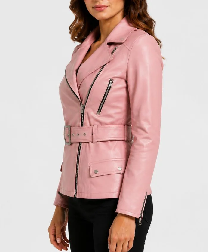 Asymmetrical Belted Pink Leather Jacket For Women