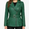 Asymmetrical Green Belted Leather Jacket For Women
