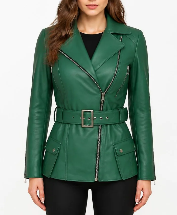 Asymmetrical Green Belted Leather Jacket For Women