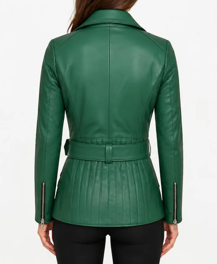Asymmetrical Green Belted Leather Jacket For Womens