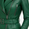 Asymmetrical Green Belted Leather Jacket Women