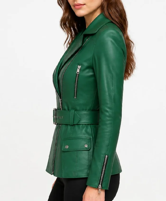 Asymmetrical Green Belted Leather Jacket Womens