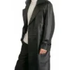 Belted Double Breasted Black Leather Trench Coat