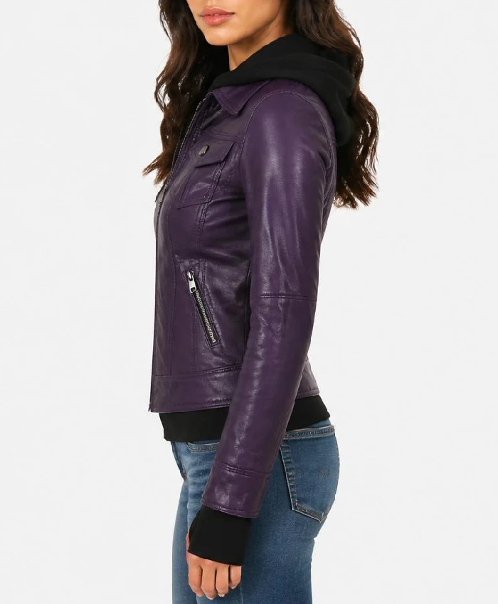 Betty Purple Leather Jacket With Removable Hood For Women