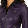 Betty Purple Leather Jacket With Removable Hood For Womens
