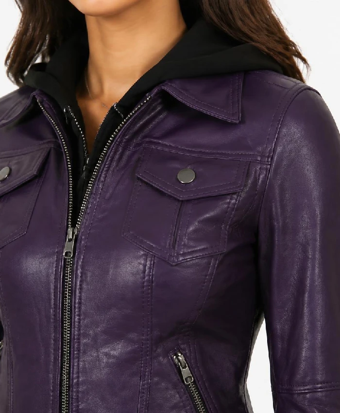 Betty Purple Leather Jacket With Removable Hood For Womens