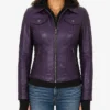 Betty Purple Leather Jacket With Removable Hood Women