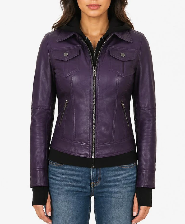 Betty Purple Leather Jacket With Removable Hood Women
