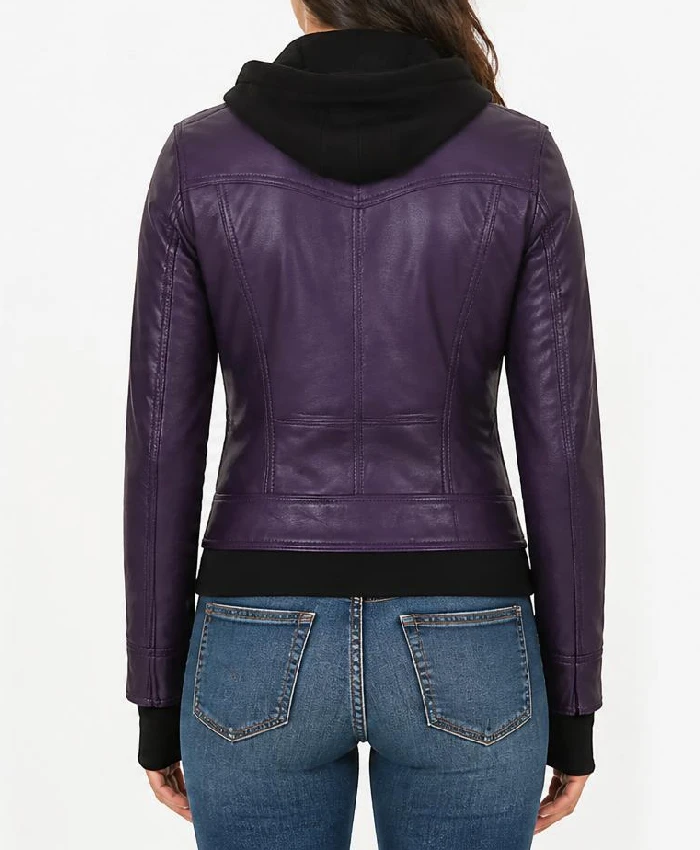 Betty Purple Leather Jacket With Removable Hood Womens