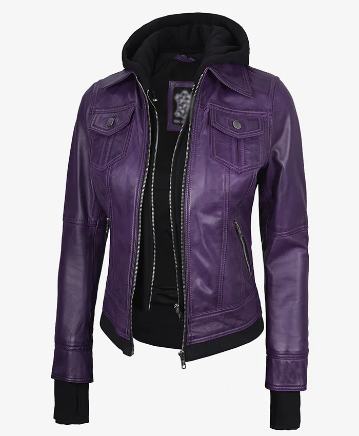 Betty Purple Leather Jacket With Removable Hood