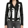 Black Leather Biker Jacket with Black and White Stripes For Women