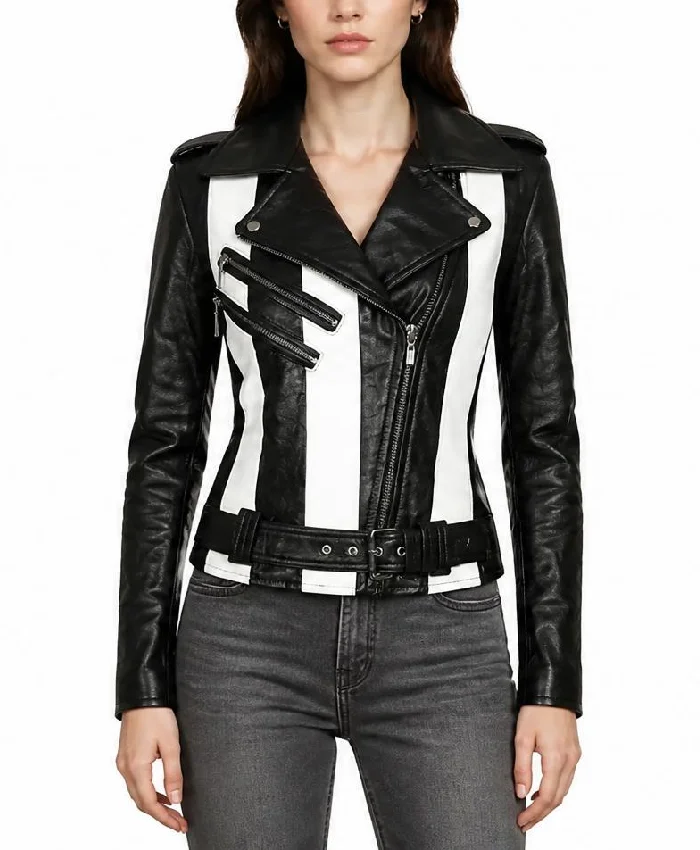 Black Leather Biker Jacket with Black and White Stripes For Women