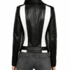 Black Leather Biker Jacket with Black and White Stripes For Womens