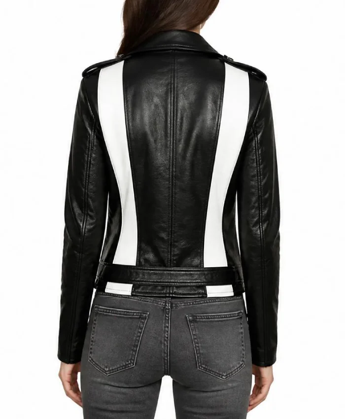 Black Leather Biker Jacket with Black and White Stripes For Womens