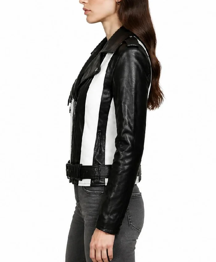 Black Leather Biker Jacket with Black and White Stripes Women