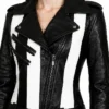 Black Leather Biker Jacket with Black and White Stripes Womens