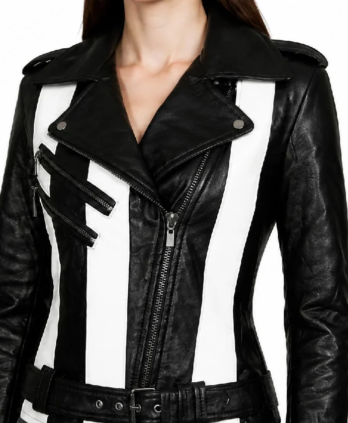 Black Leather Biker Jacket with Black and White Stripes Womens