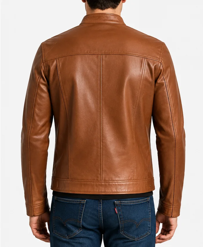 Brown Tan Leather Cafe Racer Jacket