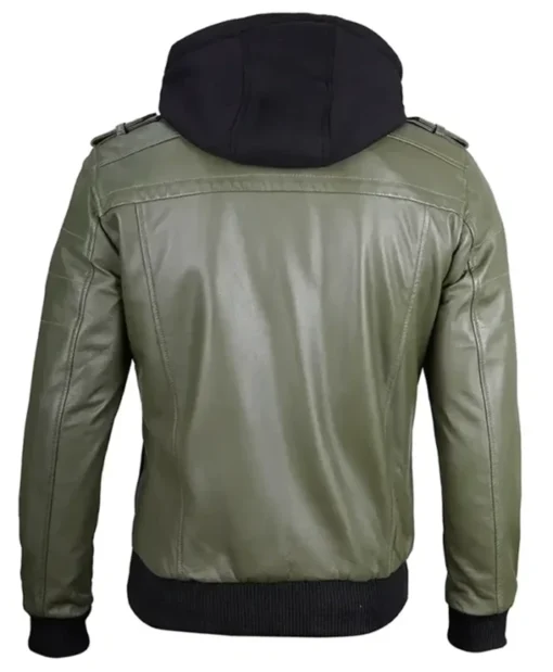Buy Military Green Genuine Leather Jacket With Removable Hood For Him And Her